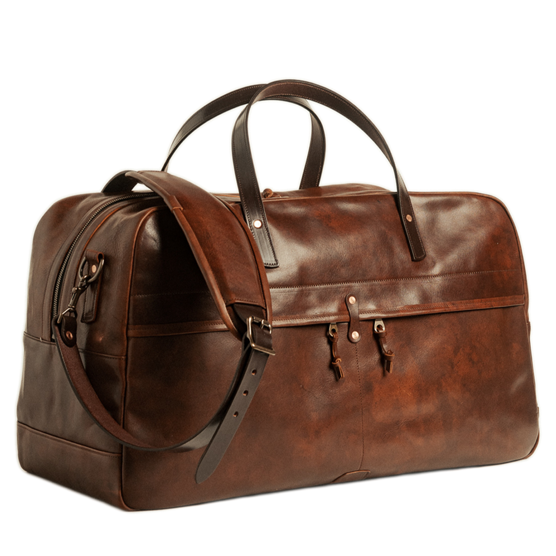 Brown leather duffel bag on a white background