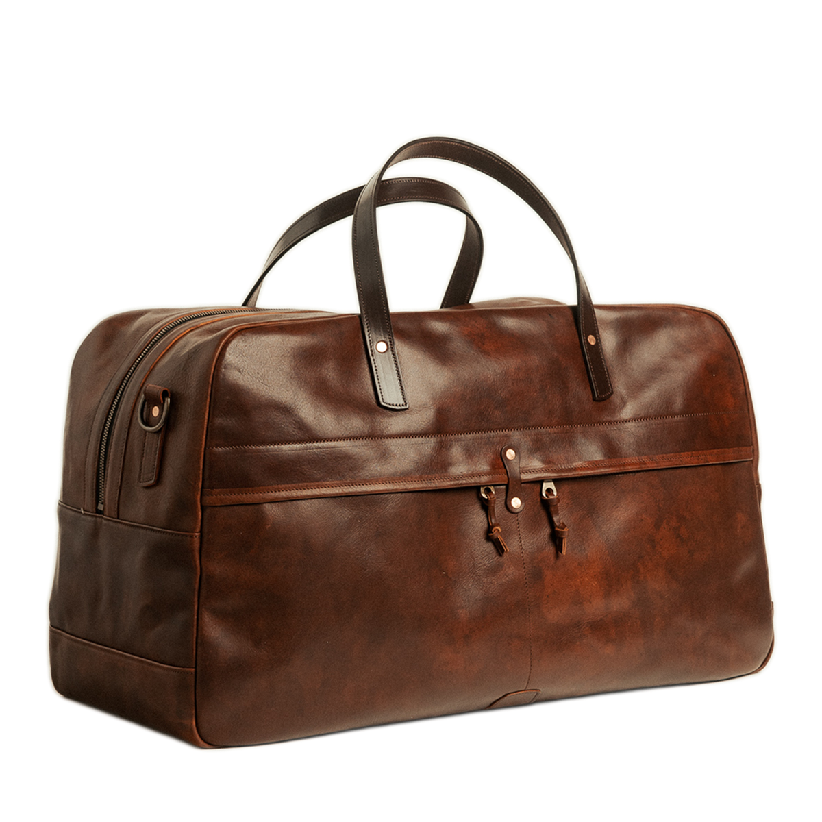 Brown leather duffel bag on a white background
