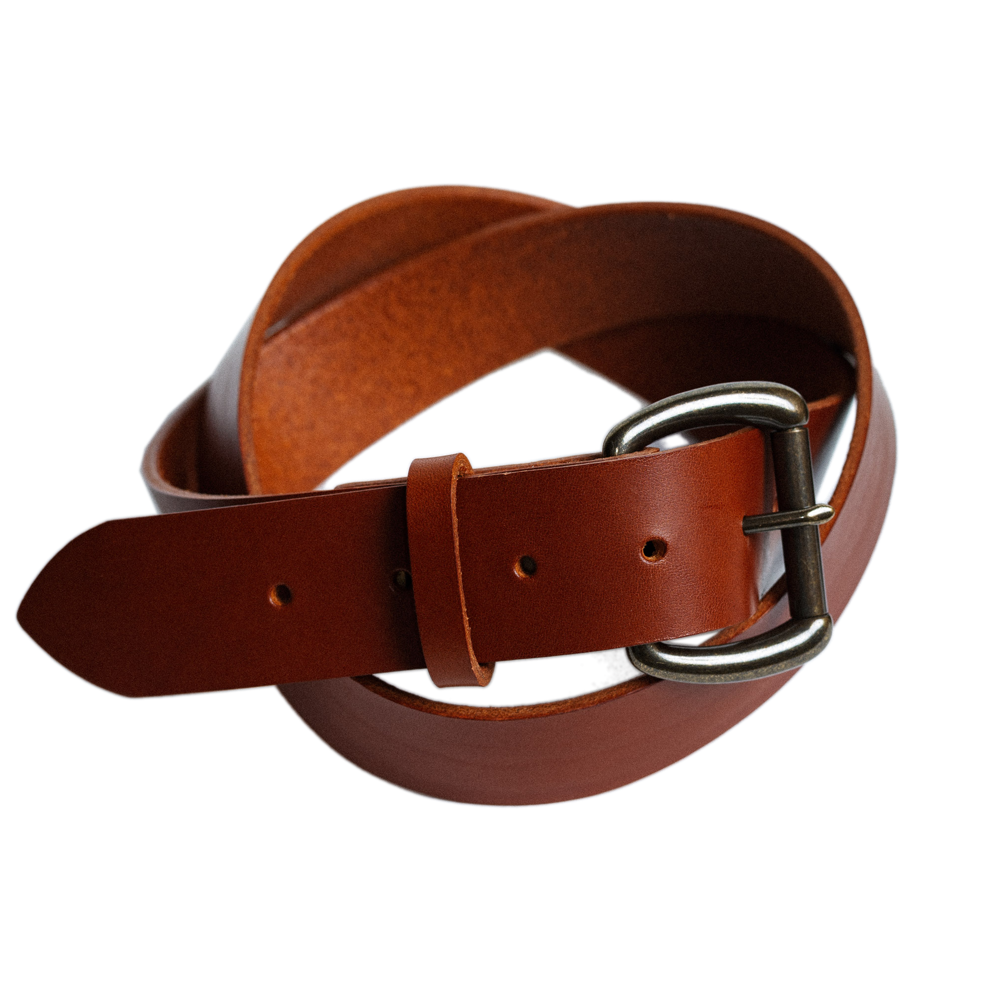 Brown leather belt with a silver buckle on a white background