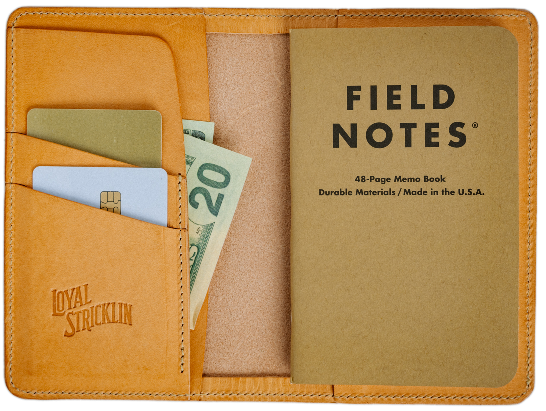 Leather wallet with 'Field Notes' notebook and money compartments
