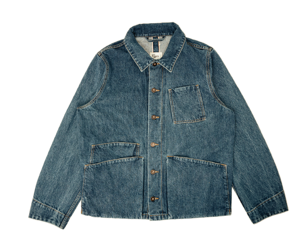 Blue denim jacket on a white background