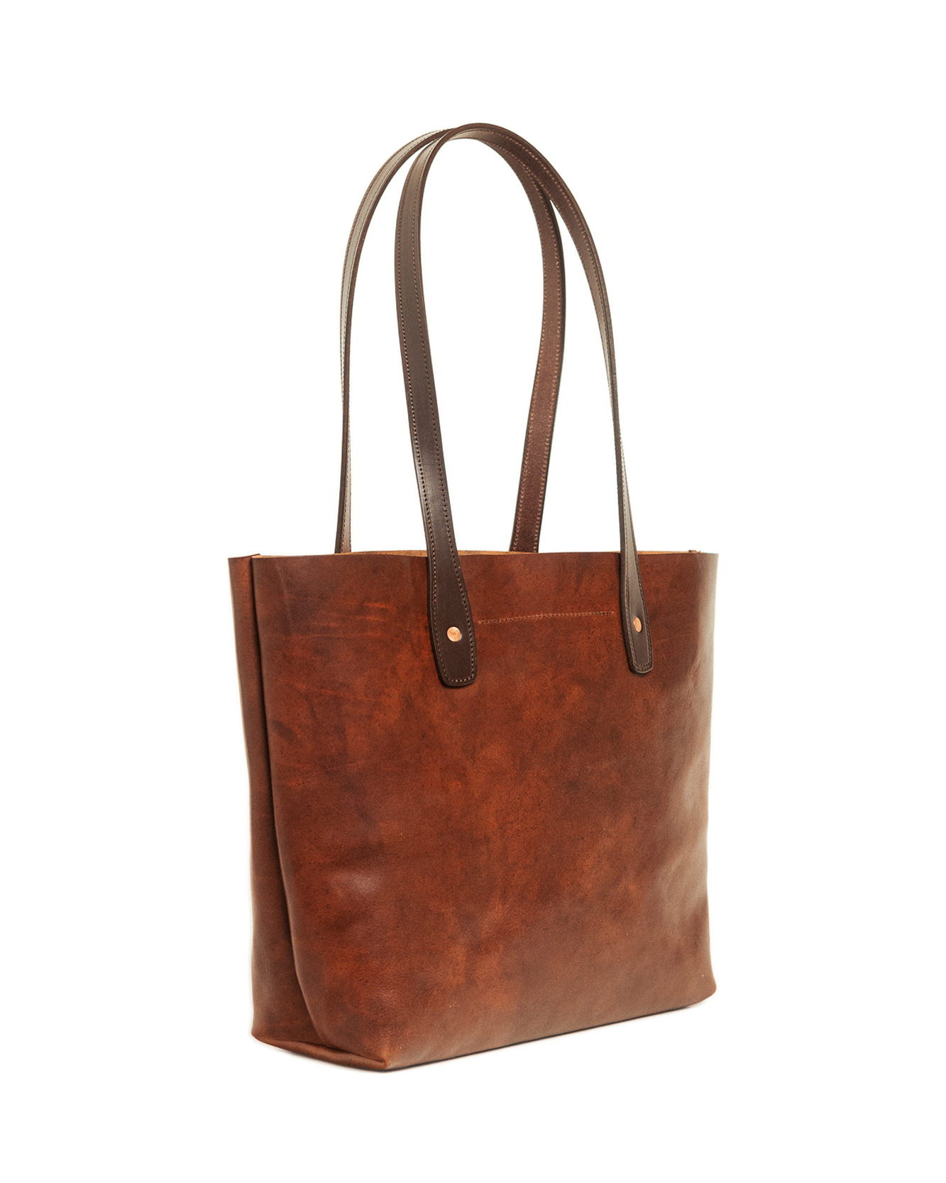 Brown leather tote bag on a white background