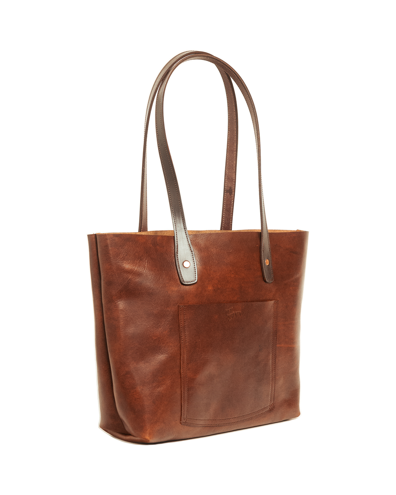 Brown leather tote bag on a white background