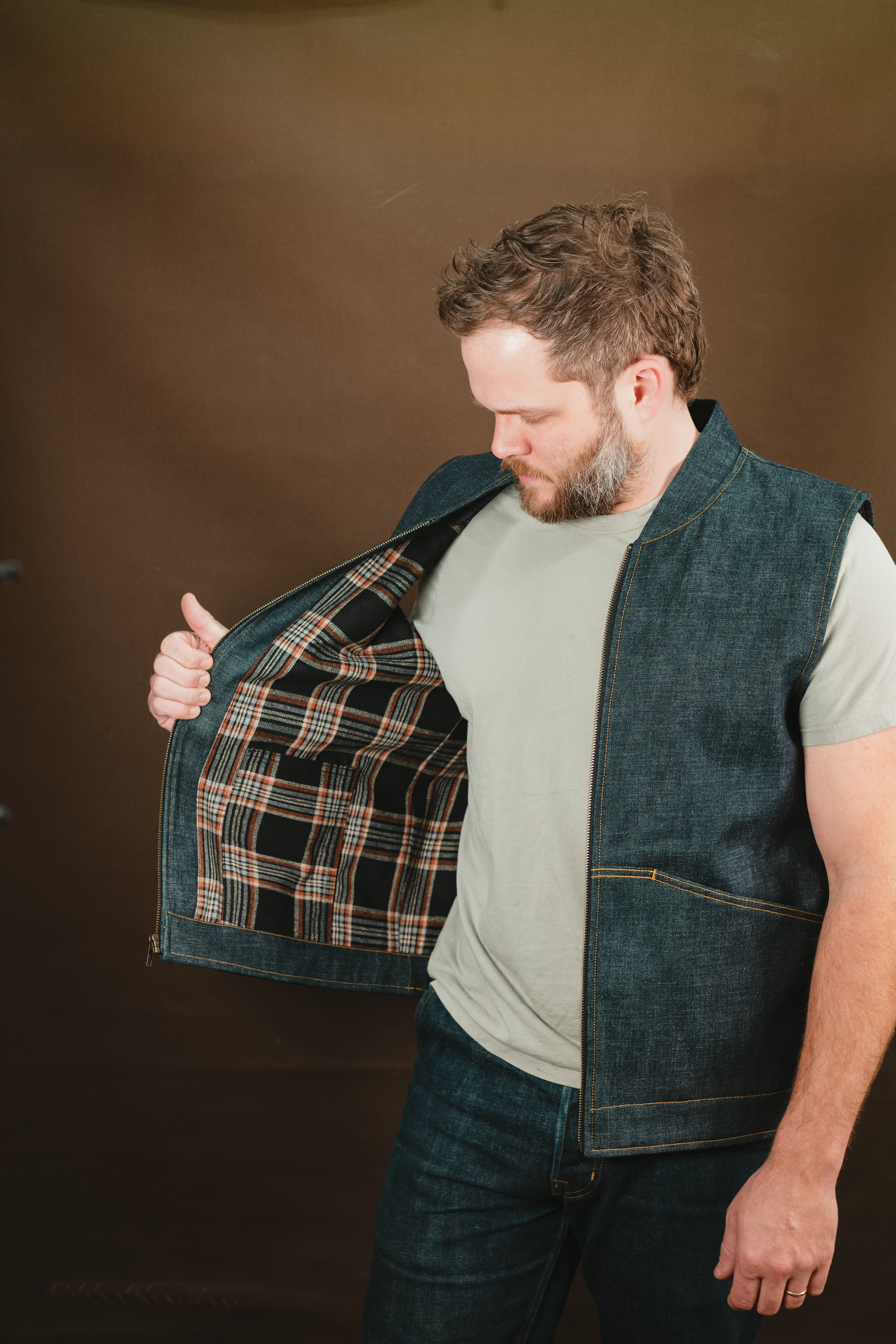 Ansel Vest - Rigid Kuroki Slubdot Selvedge Denim - Japanese Wool Liner - One Off - Large