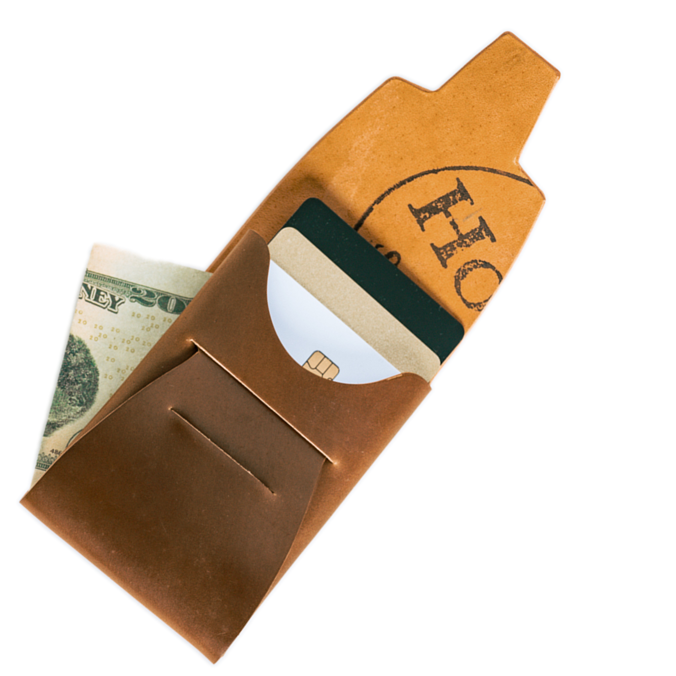 Brown leather wallet with card slots and money clip on a white background