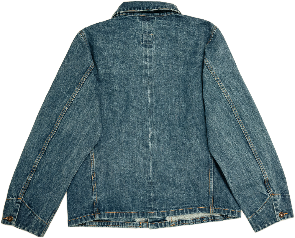 Back view of a blue denim jacket on a white background
