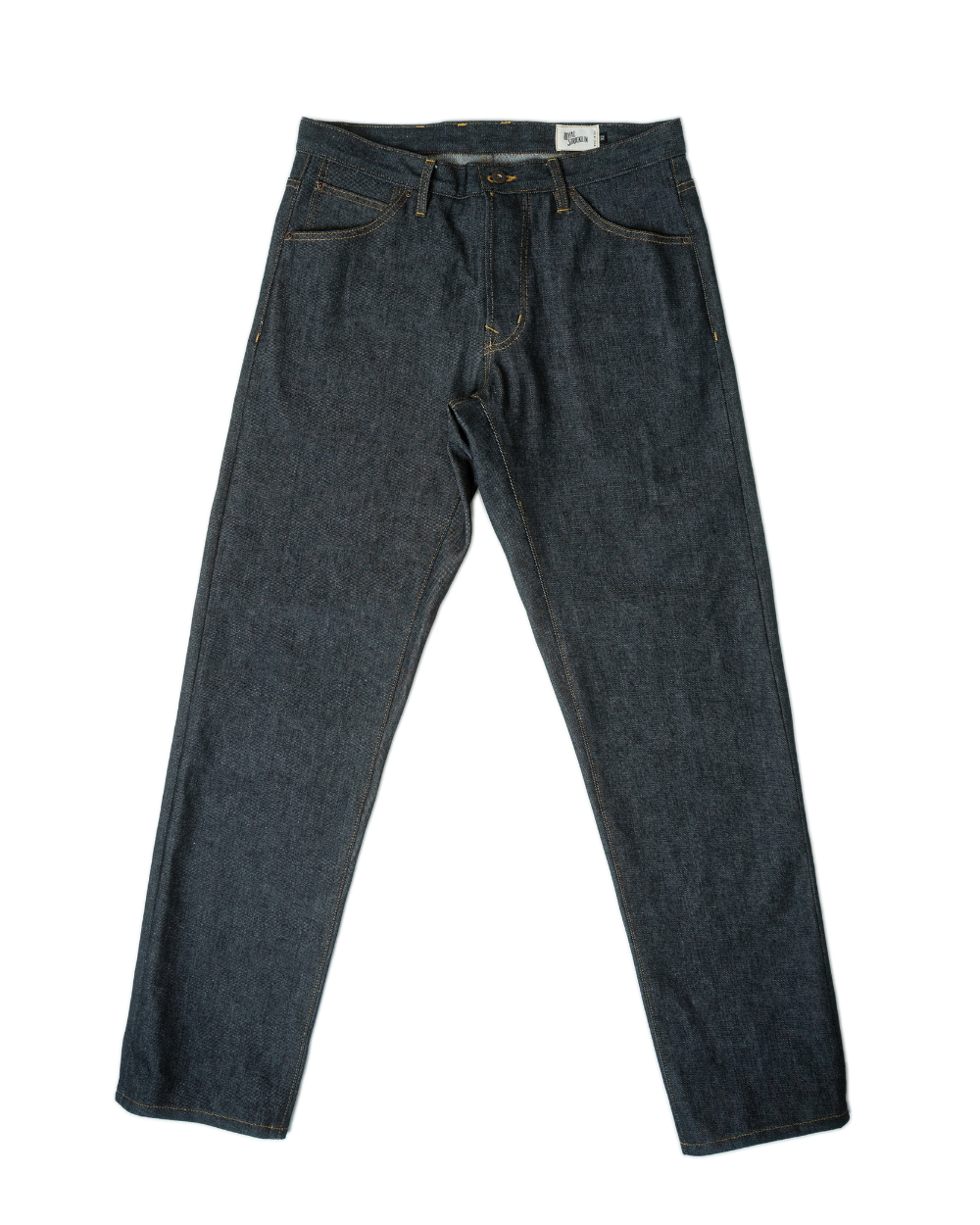 Pair of dark blue jeans on a white background