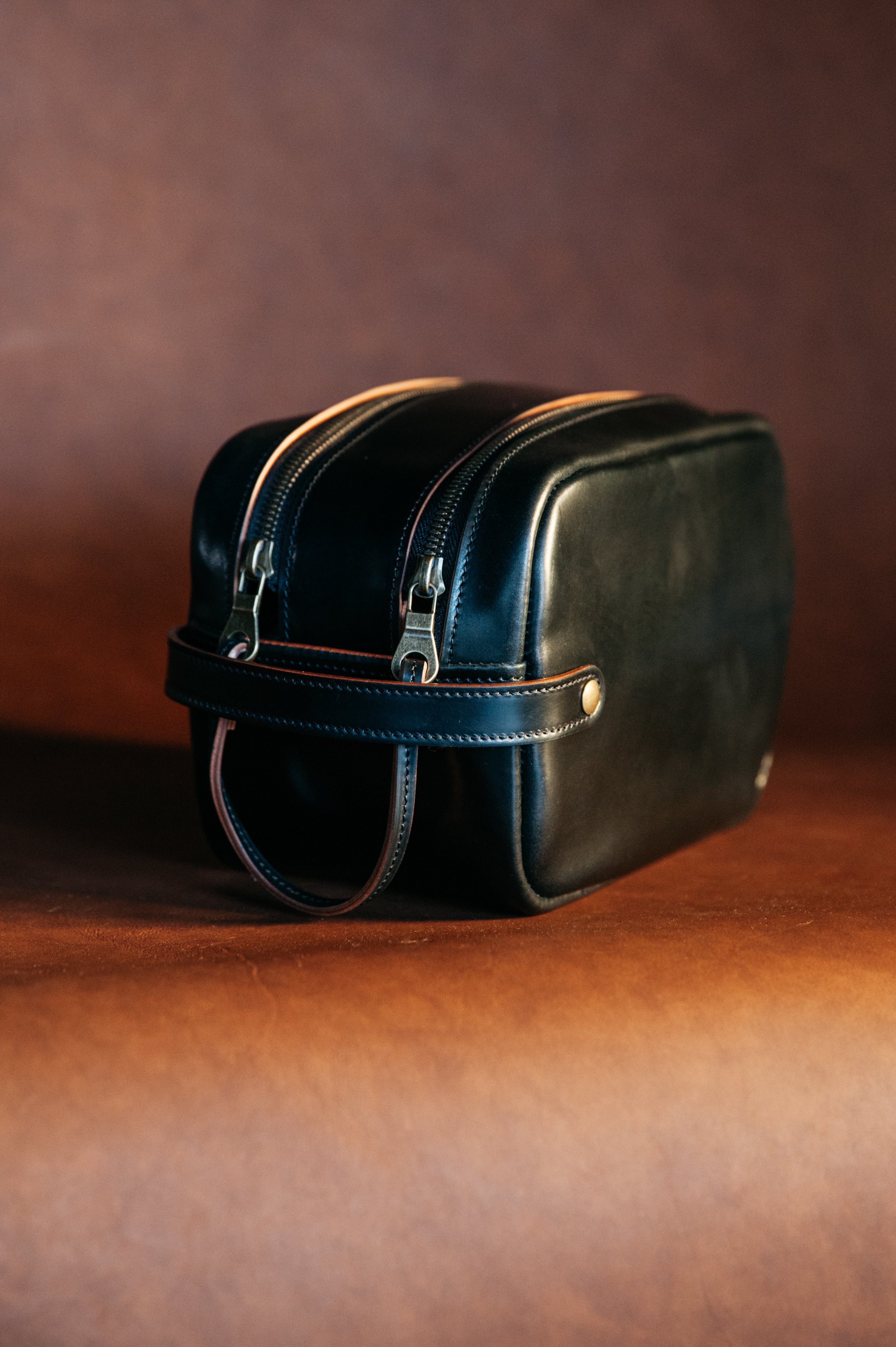 Black Horween Shell Cordovan Double Zip Dopp kit