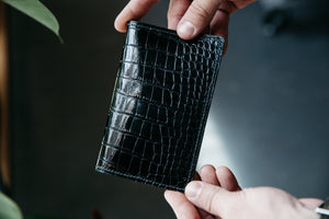 Loyal Bespoke: Fully Lined Black Glazed Alligator Passport Wallet