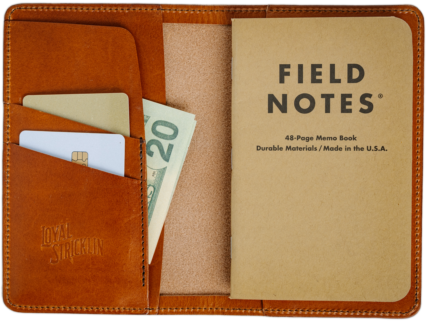 Brown leather wallet with card slots and a note pocket, featuring 'Field Notes' branding.